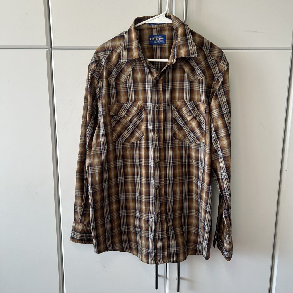 Pendleton Frontier Shirt Mens Large Brown Plaid Western Pearl Snap Long Sleeve